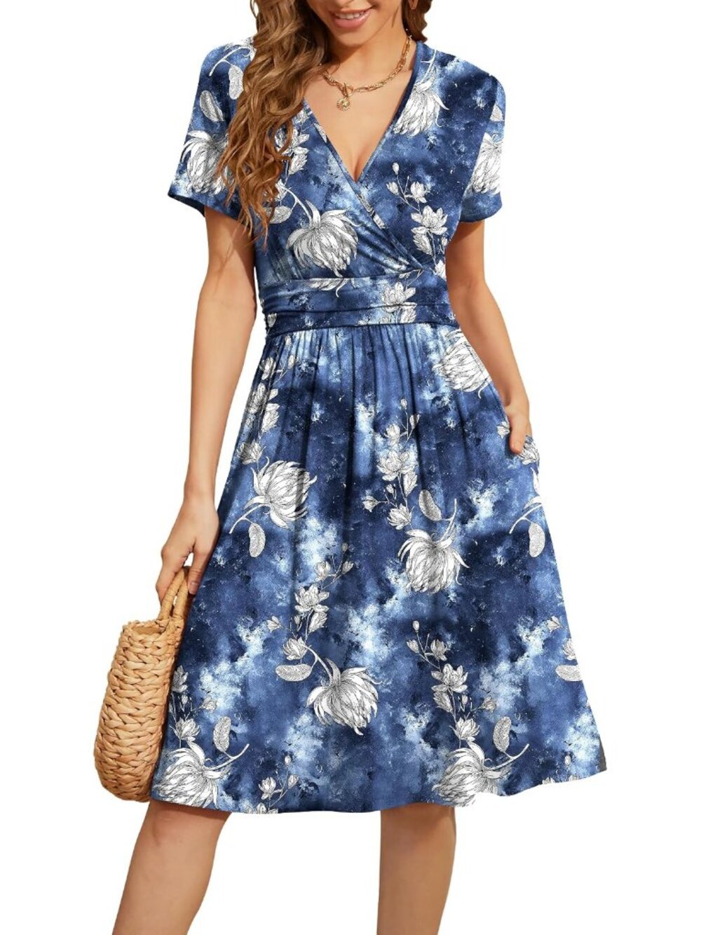 Women's Summer Short Sleeve Casual Dresses V-Neck Floral Party Dress with Pocket